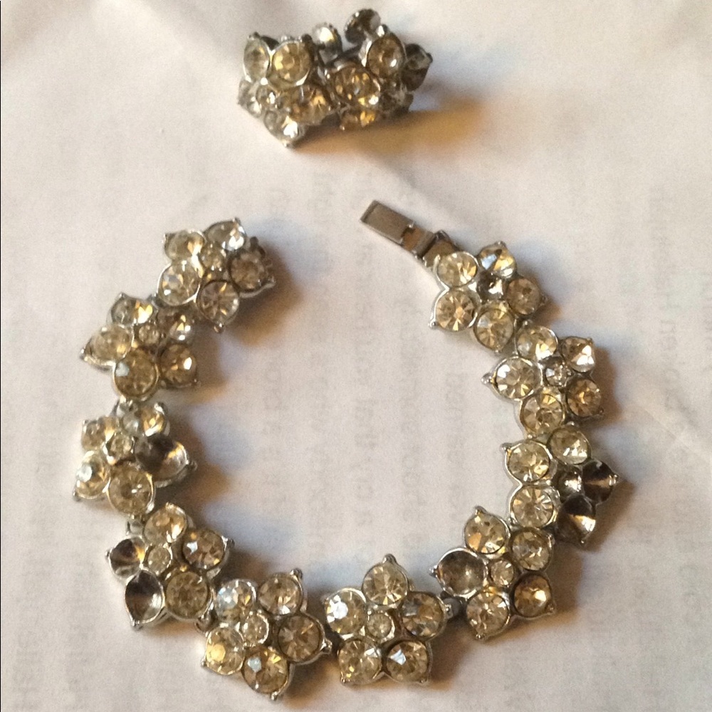 Rhinestone flower bracelet and matching earrings